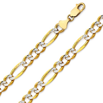 7mm 14K Two Tone Gold Men's Pave Figaro Link Chain Necklace 20-26in