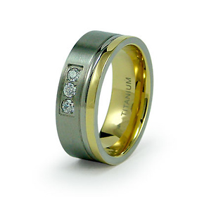 Three Stone CZ Gold Plated Titanium Wedding Ring