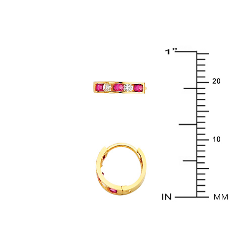 14K Yellow Gold 5-Stone Red & White CZ Huggie Earrings 2mm x 10mm Slide 1