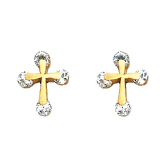 14K Yellow Gold Cross CZ Stud Earrings