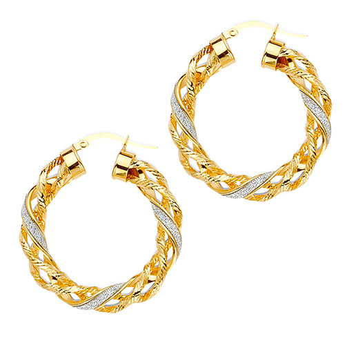 14k Yellow Gold Glitter Braided Round Hoop Earrings (29 x 29 mm)