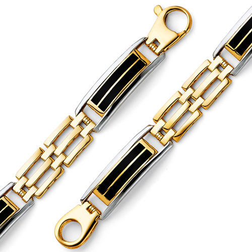 Men's 10mm 14K Two-Tone Gold Black Enamel Rectangle Mesh Link Bracelet 8in