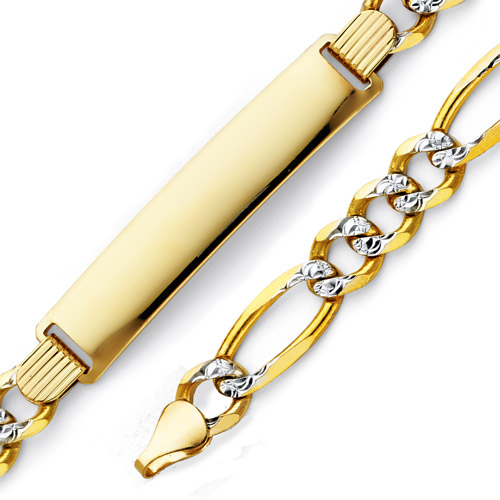 7mm 14K Two Tone Gold Men's White Pave Figaro Rectangle ID Bracelet