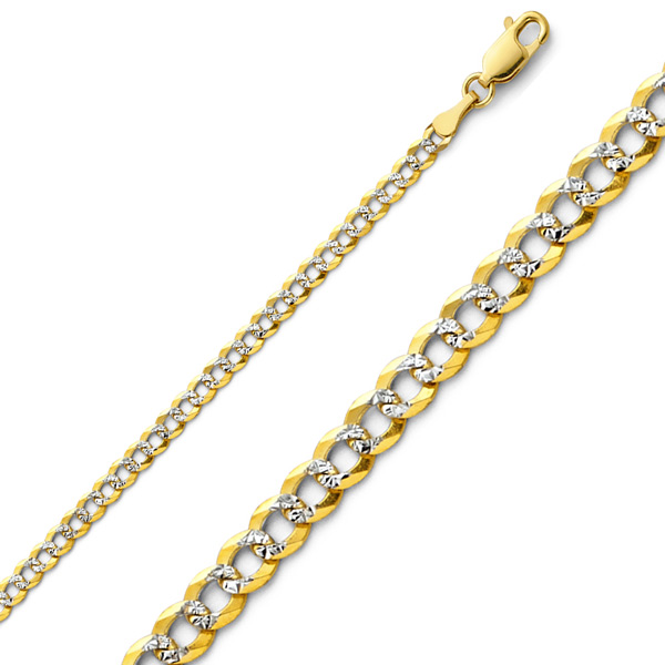 3mm 14K Two-Tone Gold White Pave Curb Cuban Link Chain Bracelet 7in