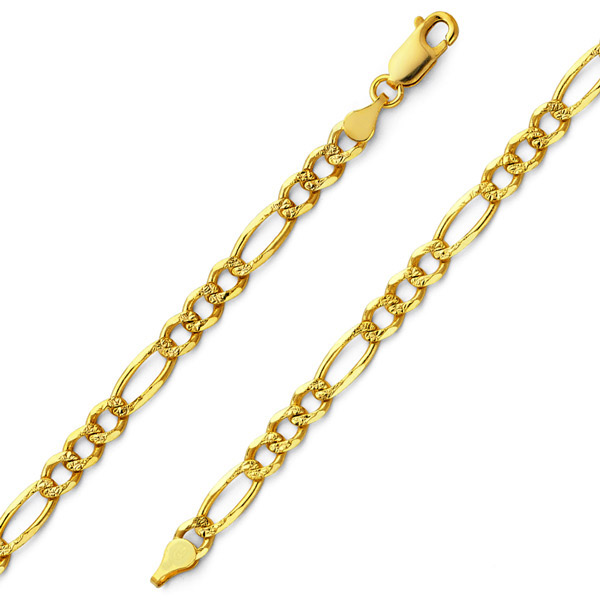 4.5mm 14K Gold Yellow Pave Figaro Link Chain Bracelet 7.5in