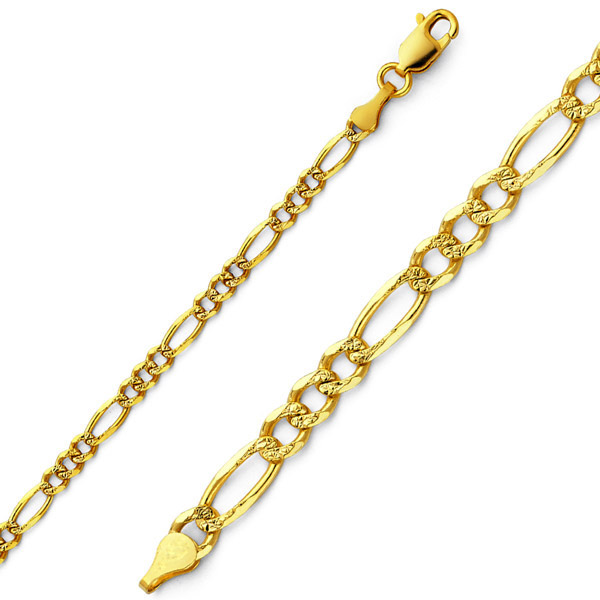 3mm 14K Yellow Gold Pave Figaro Link Chain Bracelet 7in