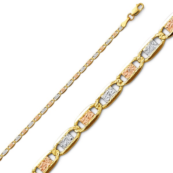 2mm 14K Tri Color Gold Pave Valentino Chain Necklace 16-24in