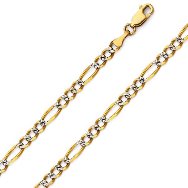 14k Two-tone Gold 2.2-mm White Pave Light Figaro Chain Necklace 