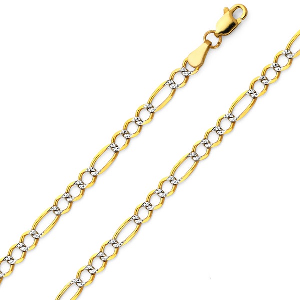 4mm 14K Two-Tone Gold Solid White Pave Open Figaro Chain Necklace 16-24in