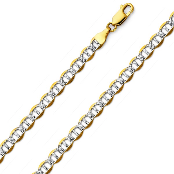 5.5mm 14K Two Tone Gold Men's White Pave Flat Mariner Chain Necklace 20-24in