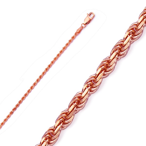 3mm 14K Rose Gold Diamond-Cut Gold Rope Chain Necklace 20-26in
