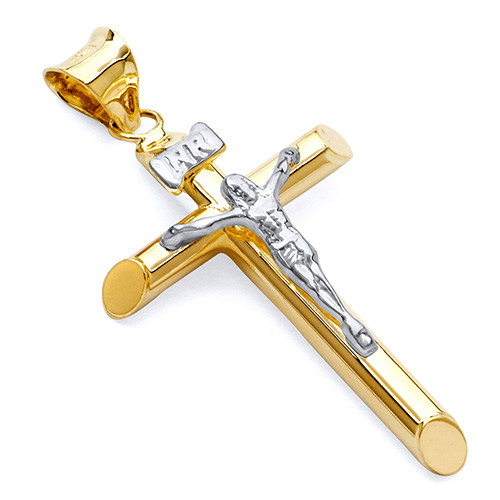 Small Rod Crucifix Pendant in 14K Two-Tone Gold - Classic