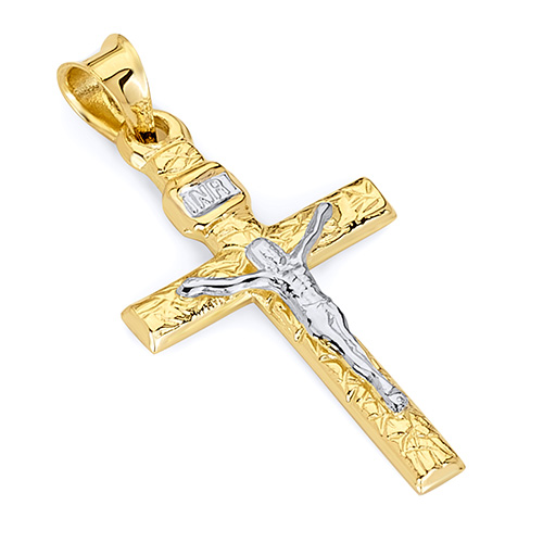 Small Carved Wood-Design Crucifix Pendant in 14K Two-Tone Gold 28mm