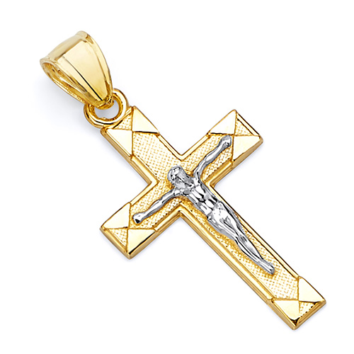 Petite Squared Textured Crucifix Pendant in 14K Two-Tone Gold