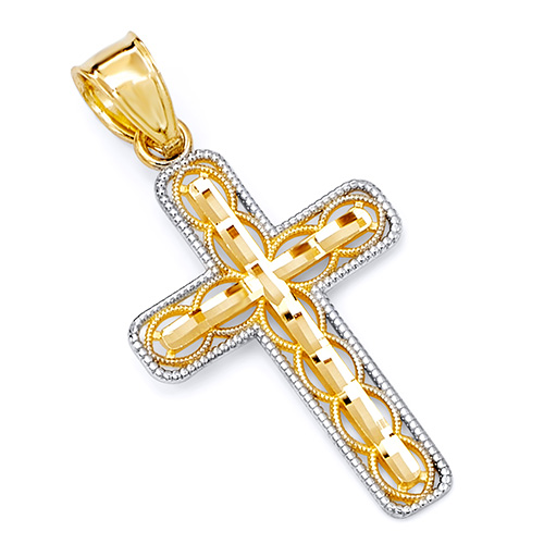 Small Fancy Milgrain Cross Pendant in  14K Two-Tone Gold