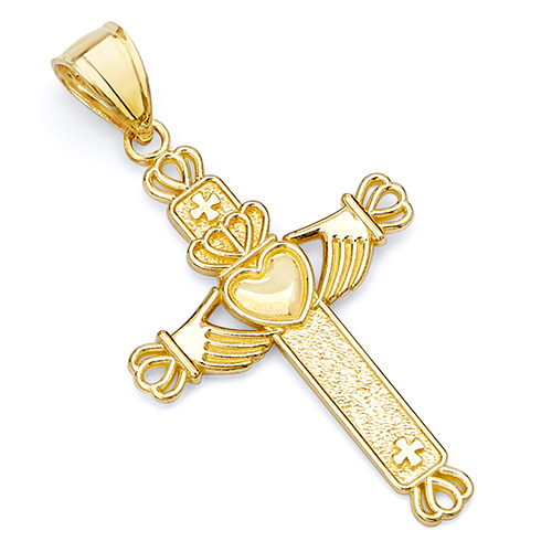 Small Claddagh Cross Pendant in 14K Yellow Gold