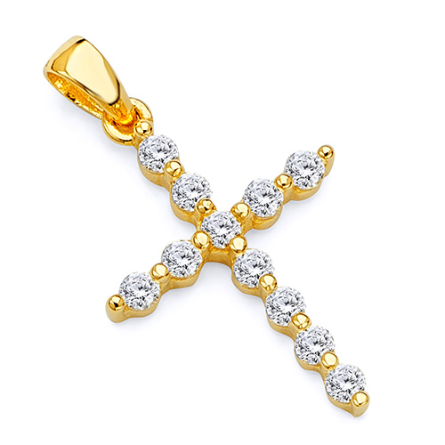 Petite CZ Round Pettern Cross Pendant in 14K Yellow Gold