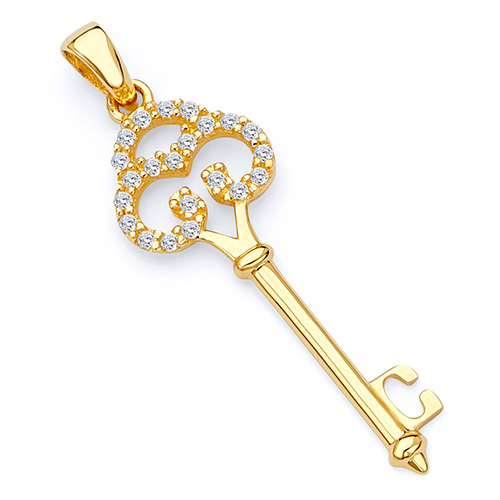 Antique-Style Filigree Cubic Zirconia Key Pendant in 14K Yellow Gold - Small