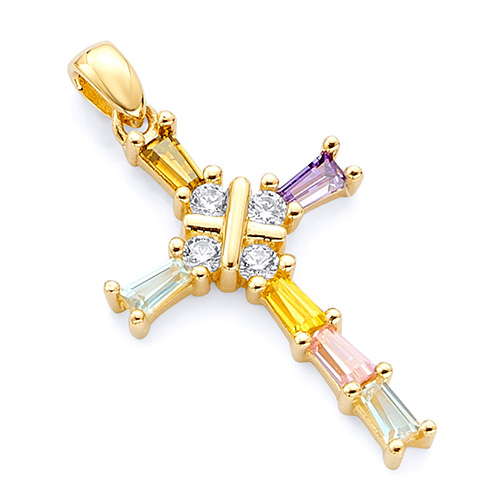 Small Multicolored CZ Tapered Cross Pendant in 14K Yellow Gold