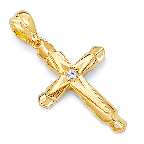 Fancy Solitaire CZ Stacked Cross Pendant in 14K Yellow Gold- Small