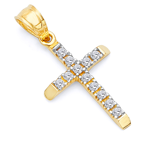 Petite Beveled Edge Slender CZ Cross Pendant in 14K Two-Tone