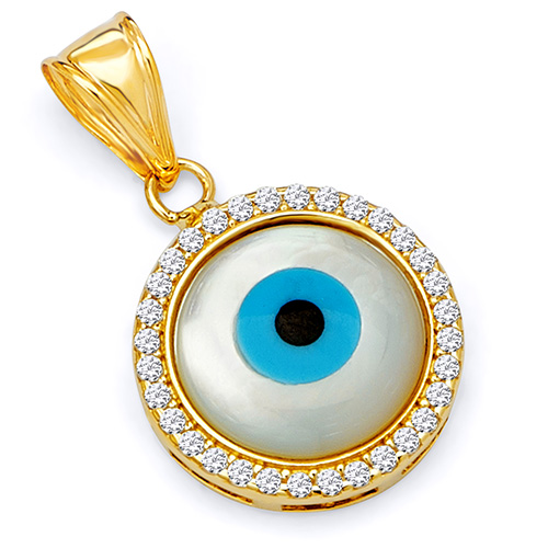 14K Yellow Gold CZ Round Evil Eye Pendant