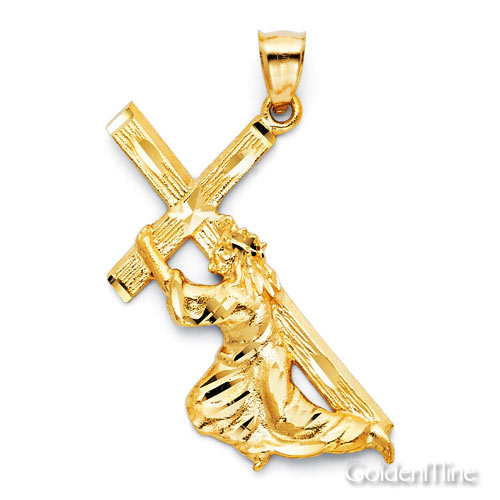 Large Jesus Carrying Cross Pendant in 14K Yellow Gold 31x41mm