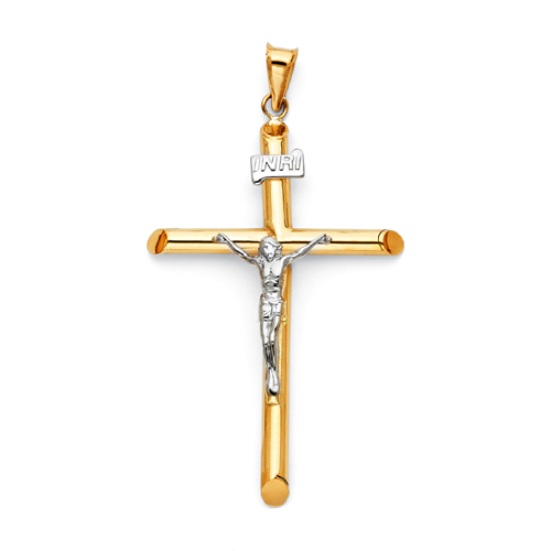 Large Rod Crucifix Pendant in 14K Two-Tone Gold - Classic 49mm