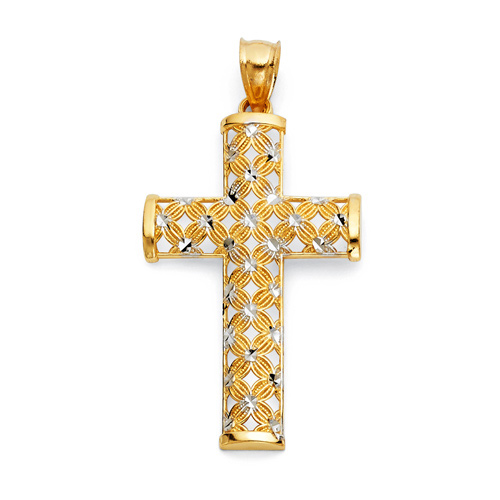  Shimmery Petal Large Cross Pendant in 14K Two Tone Gold