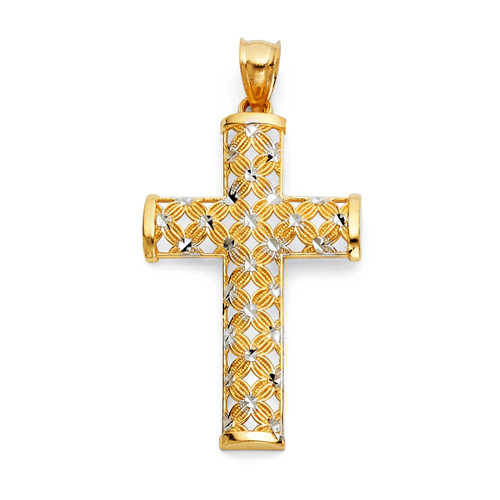 Large Shimmery Petal Cross Pendant in 14K Two-Tone Gold