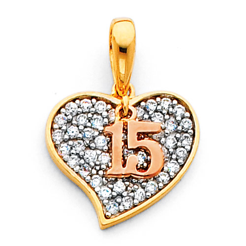 Quinceanera 15 Aos CZ Heart Charm Pendant in 14K TriGold - Mini