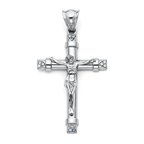 Large Trinity CZ Crucifix Pendant in 14K White Gold