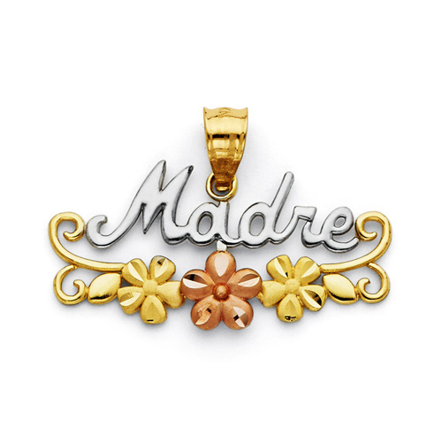 Mother's Day gift idea -  Madre Pendant with Flowers in 14K Tricolor Gold