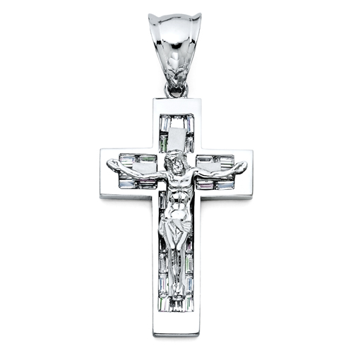 Large Flat Baguette CZ Crucifix Pendant - Sterling Silver (Rhodium)
