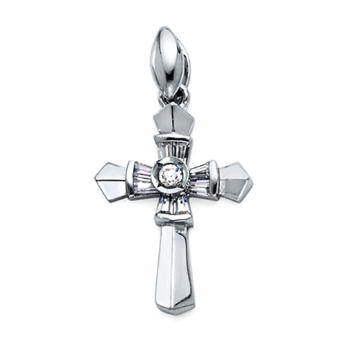 Small Fancy Tapered Baguette CZ Cross Pendant in Sterling Silver