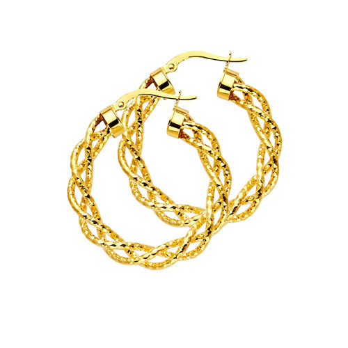 Twisted Open Diamond-Cut Medium Hoop Earrings - 14K Yellow Gold 1.2 inch