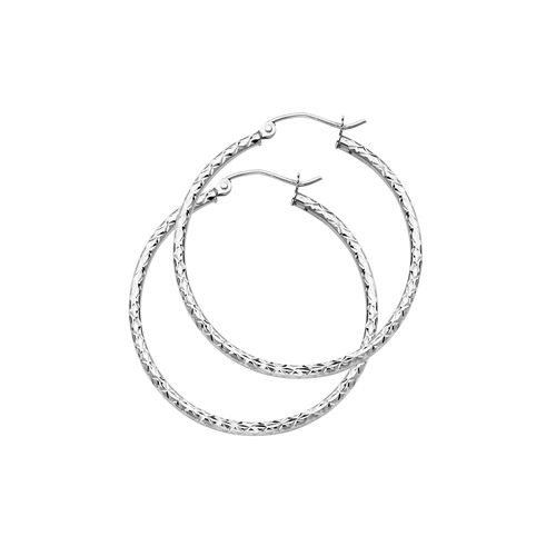 14K White Gold Diamond-Cut Hinge Medium Hoop Earrings - 2mm x 1.3 inch