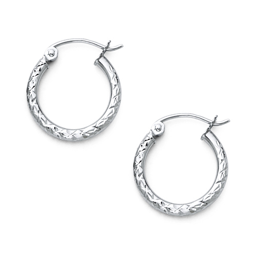 Diamond-Cut Hinge Petite Hoop Earrings - 14K White Gold 2mm x 0.6 inch