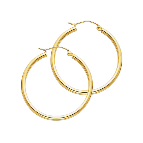 Polished Round Medium Hoop Earrings - 14K Yellow Gold 2mm x 1.38 inch