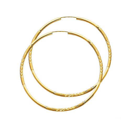 Diamond-Cut Satin Endless Large Hoop Earrings - 14K Yellow Gold 2mm x 2 inch