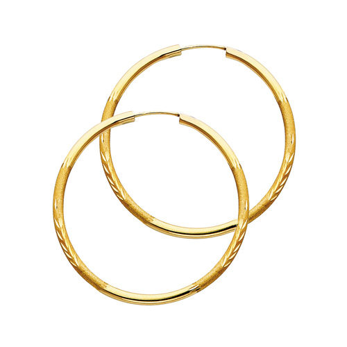 Diamond-Cut Satin Endless Medium Hoop Earrings - 14K Yellow Gold 2mm x 1.6 inch