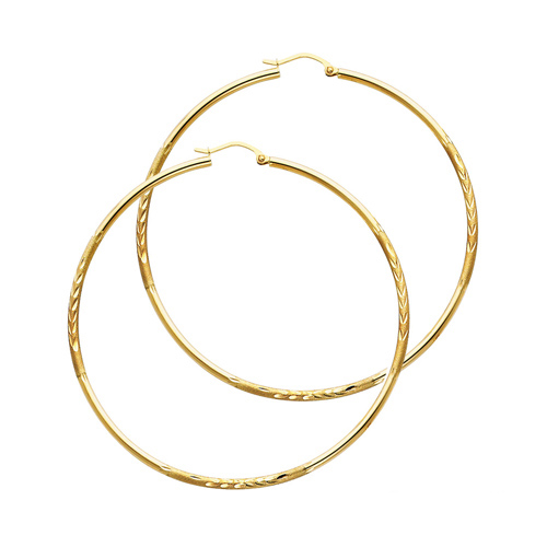Diamond-Cut Satin Hinge Large Hoop Earrings - 14K Yellow Gold 2mm x 2.16 inch