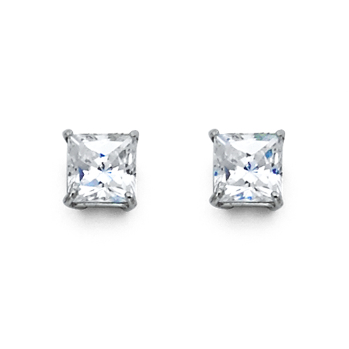 5mm 14K White Gold Princess-Cut Cubic Zirconia CZ Stud Earrings 1.5ctw - Push Backs