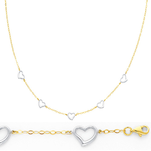 Mother's Day gift idea -  White Gold Whimsical Heart Link Necklace Bracelet Set in 14K Two-Tone Gold