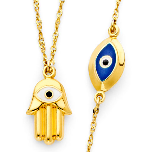Hollow Hamsa and Floating Evil Eye Necklace in 14K Yellow Gold 17in