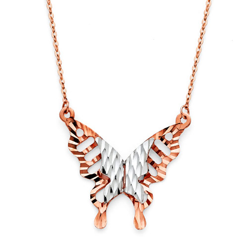 Two Tone Floating Butterfly Necklace in 14K Rose Gold