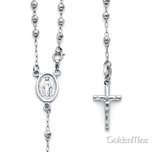  14K White Gold 3mm Bead Our Lady Guadalupe Rosary Necklace 18in