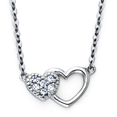 Mother's Day gift idea -  Mother Child Double Heart CZ Pendant in 14K White Gold