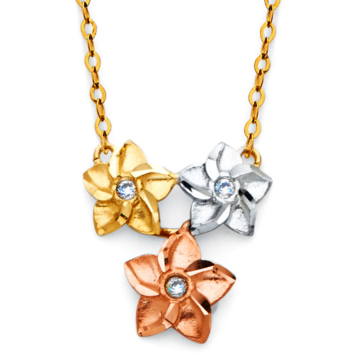 Tropical Flower CZ Trio Floating Pendant Necklace in 14K TriGold