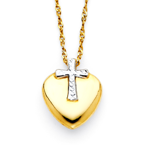 Diamond-Cut Cross Over Heart Necklace in 14K Two-Tone Gold
